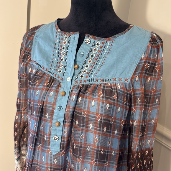 DejaVu Boho Plaid Embroidered Tunic Top Blue Brown western Peasant Large - Picture 9 of 13